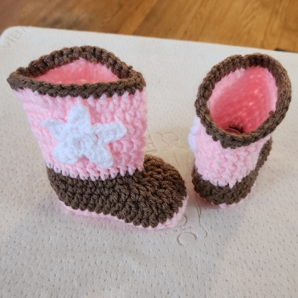 Handmade Pink and Brown Crochet Boots with Cowboy Style